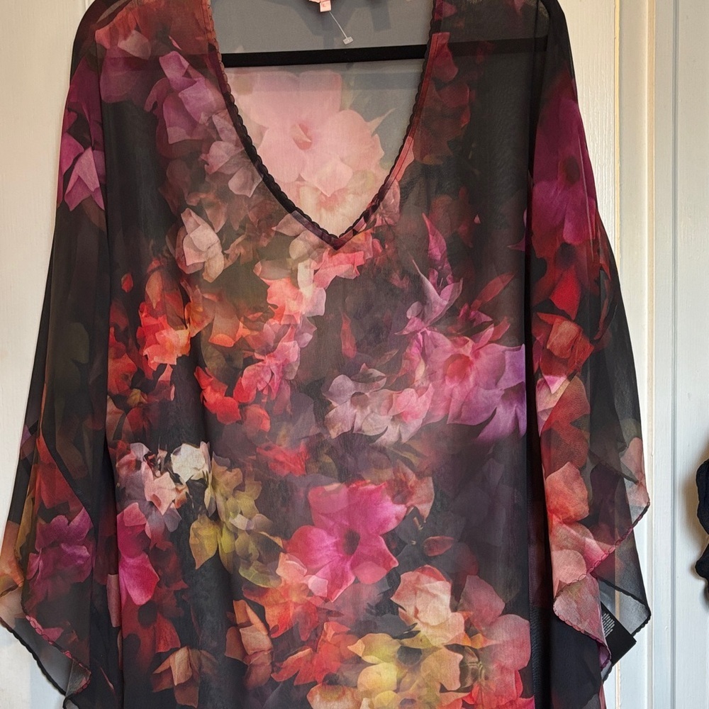 TED BAKER MULTICOLORED CHIFFON BLOUSE SIZE LARGE DEEP REDS BLACK PURPLE BLOUSE